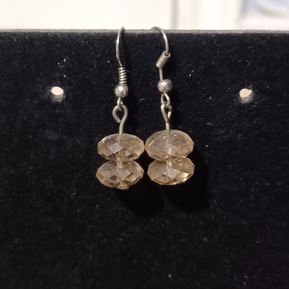Vintage Silver-Toned Light Brown Beaded Earrings